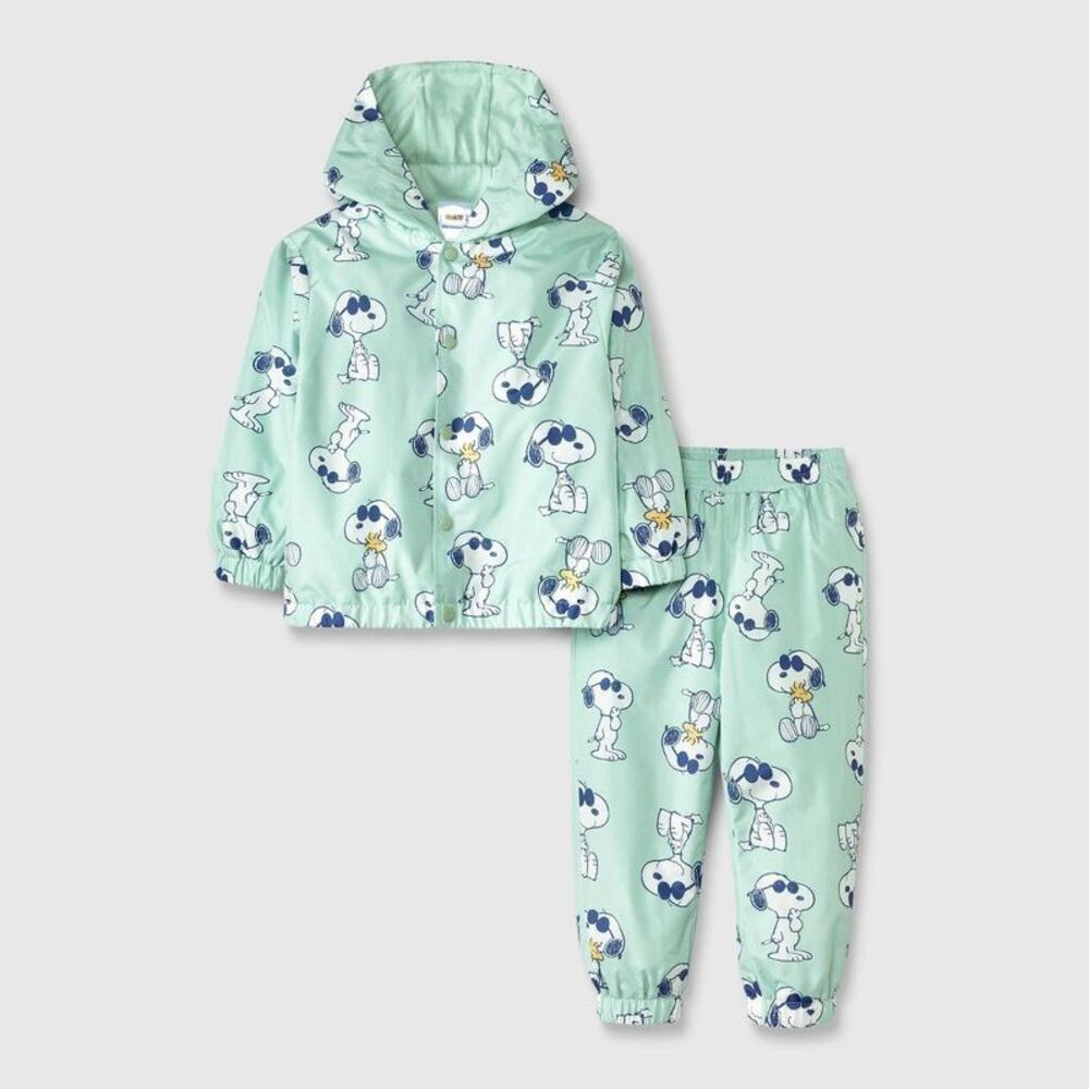 Toddler Boys' Peanuts Snoopy Rain Windbreaker Jacket and Pant Set - Green 2T